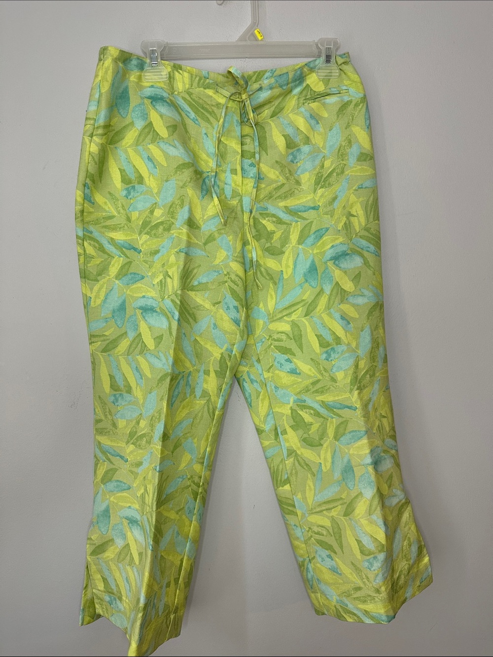 Leaf Print Drawstring Linen blend Crop Pants - Lime & Aqua size 10